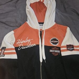 Harley-Davidson Men's Black, Orange, and White Zip-Up Sweater